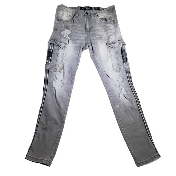 Heritage America 1776 Denim Jeans Men's 32w x 32L Grey Cargo Distressed Designer - Picture 1 of 16
